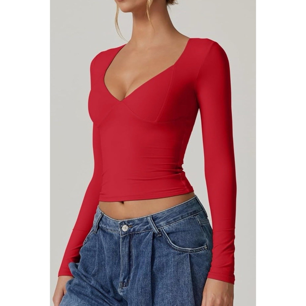 QINSEN Women's Long Sleeve V-Neck Double Lined Crop Top, Seamed Cups Red Size XS - Picture 3 of 8